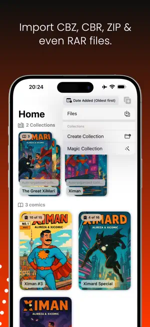 The xiComic library with the add menu open, offering Files, Create Collection and Magic Collection