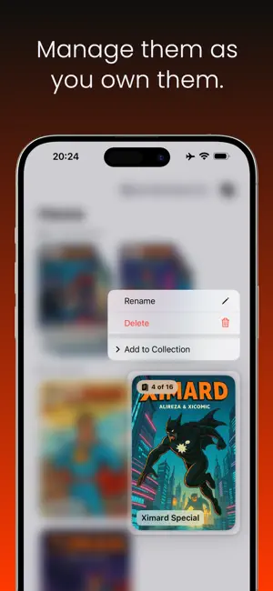 A comic's menu in the xiComic library, offering Rename, Delete and Add to Collection